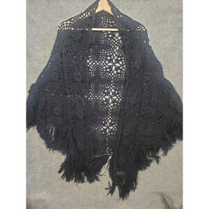Women's One Size Black Crochet Shawl With Fringe Witchy Boho